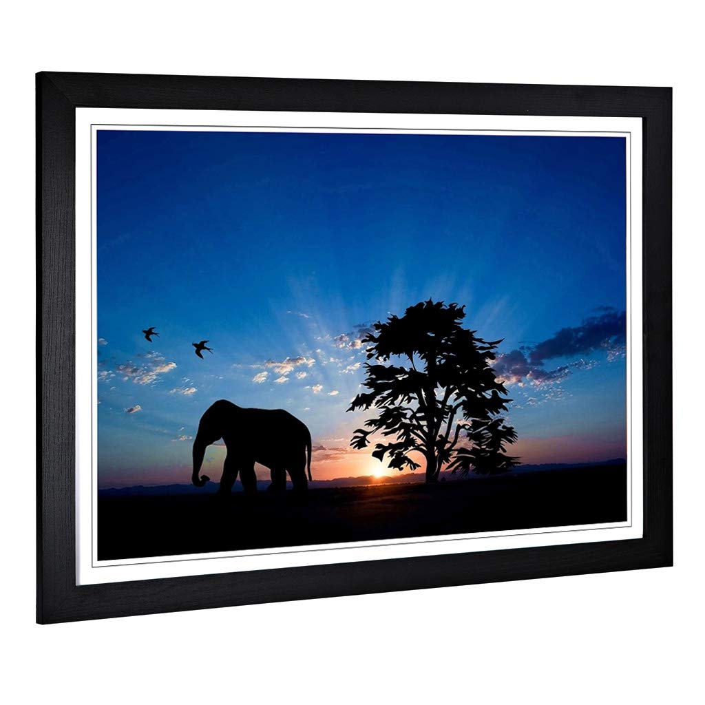 Big Box Art Framed Print of Elephant & Birds Evening Sunset Design | Wall Art Picture | Home Decor for Kitchen, Living Room, Bedroom, Hallway, Black, A2 / 24.5x18 Inch / 62x45cm
