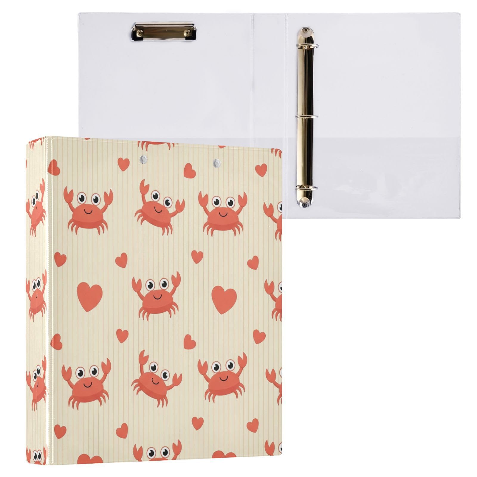 Raccoglitori a 3 anelli, 3,8 cm, con graziosi granchi e cuori, decorativi, con clip in metallo, formato A4, organizer per casa e ufficio, confezione da 2