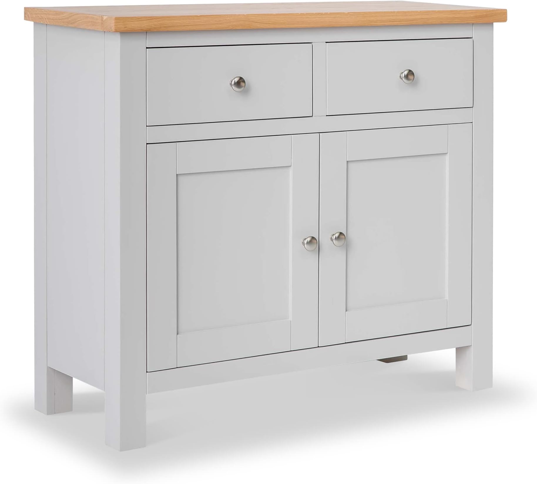 – RoselandFurniture Farro Grey Small Sideboard for Living Room | Fully Assembled Painted Storage Cabinet Solid Wood 2 Door Cupboard with 2 Drawers and Oak Top for Kitchen, Dining Room or Hallway