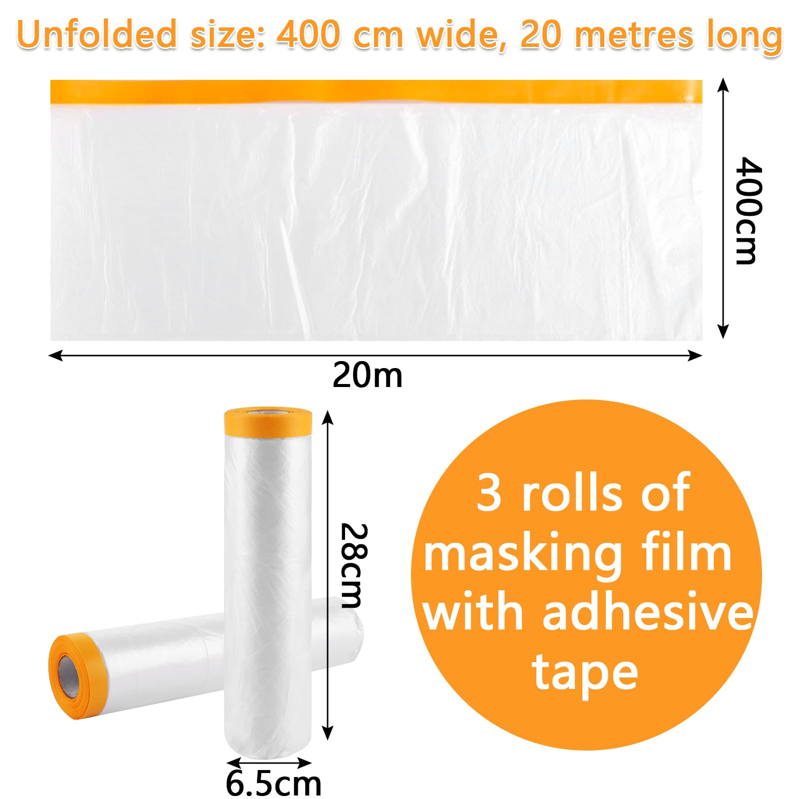 HXJDAM Masking Film With Adhesive Tape, 300 Cm X 20 M Painter's Masking Film (Pack Of 3), Self-Adhesive Painter's Film With Adhesive Tape For Painting Car Walls, UV Protection (Gold Tape - View #8
