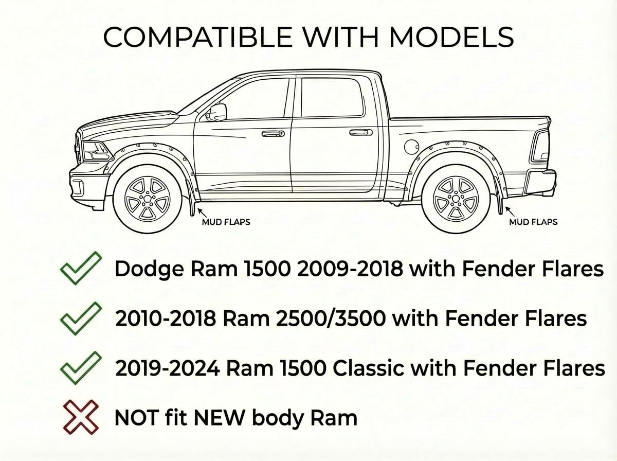 TRUXEN Mud Flaps for Dodge Ram 1500 2009-2018, 2500/3500 2010-2018 & Ram 1500 Classic 2019-2024 Accessories, Heavy Duty No Drill 4PCS Splash Guards with Fender Flares, All Weather Pickup Truck - 4