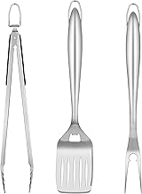 Homikit Grill Zubehör, 3-TLG Edelstahl Grillbesteck Grillwerkzeug Set, Grillzubehör mit Grillzange Pfannenwender Fleischgabel für Männer Geschenk, Grillset für Gasgrill BBQ Camping, Extra-Langen Griff