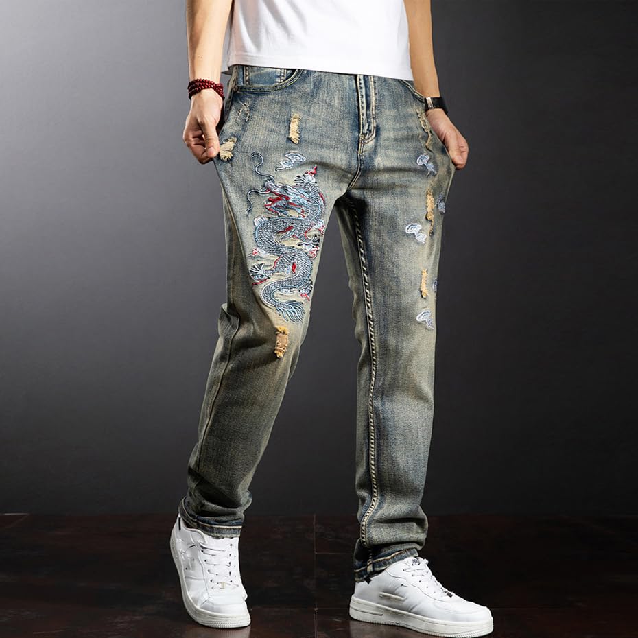 Dragon Embroidered Jeans Men Streetwear Denim Pants Ripped Plus Size Trousers Male Bottoms3