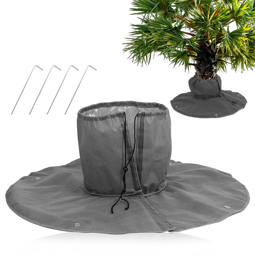 Riisoyu Palm Tree Root Protector, Anti Frost Plant Root Protection Bag with 4 Ground Nails and Drawstring Non-Woven Fabric Palm Tree Cover for Winter Constant Temperature for Tree Trunk Root Care Grey
