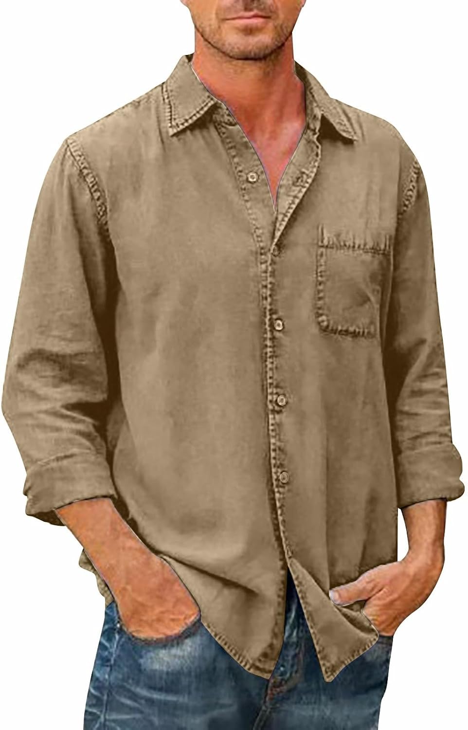 Ymosrh Men's Casual Shirts Long Sleeve Button Down Cotton Linen Fall Business Dress Shirts, M-5XL