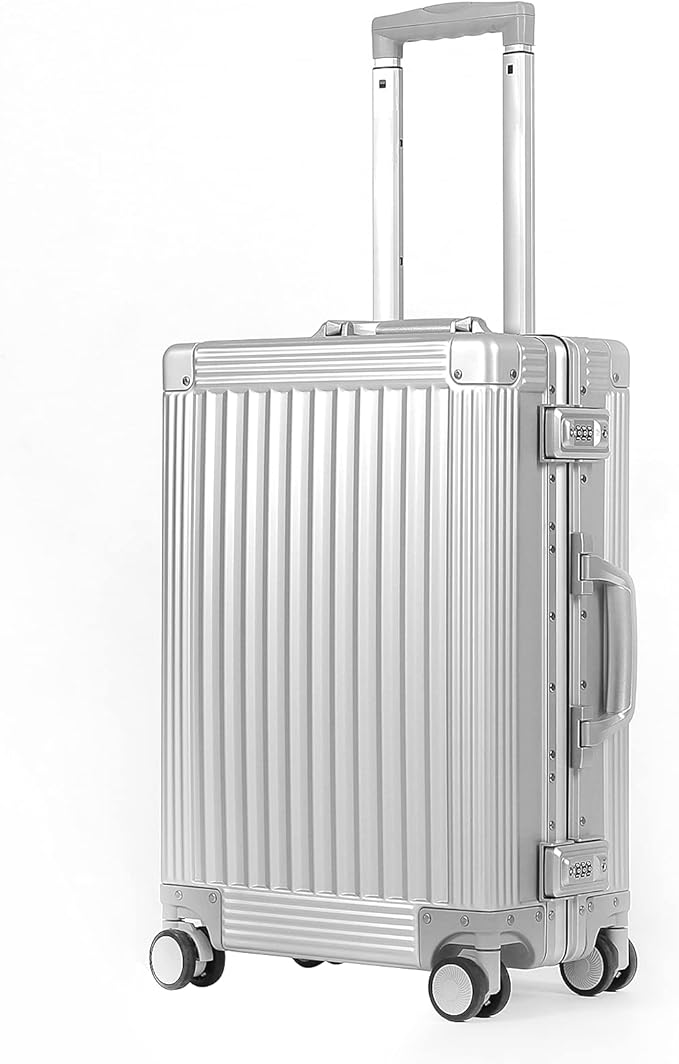 review DOMINOX All Aluminum Carry On Luggage Hard Shell Luggage Aluminum Suitcase for Travel Zipperless Luggage Checked Luggage with Silent 360° Spinner Wheels 20 In. (Vertical Grain Style, Sliver)