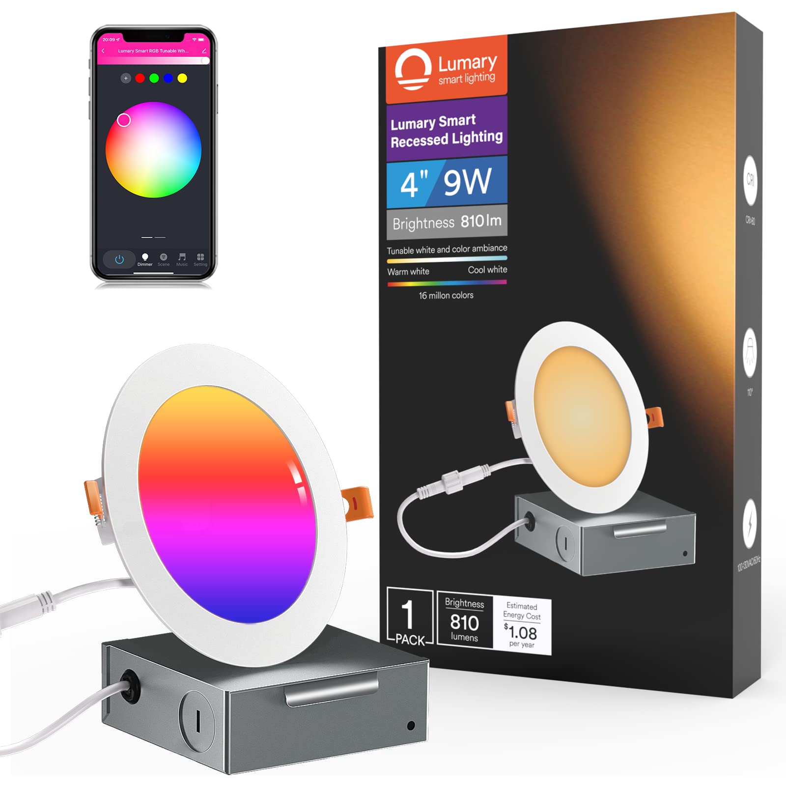 Lumary Smart Recessed Lighting 4 inch 9W 810LM Ultra-Thin LED Recessed Lights with Junction Box Work with Alexa/Google Assistant(4 Inch-1PACK)