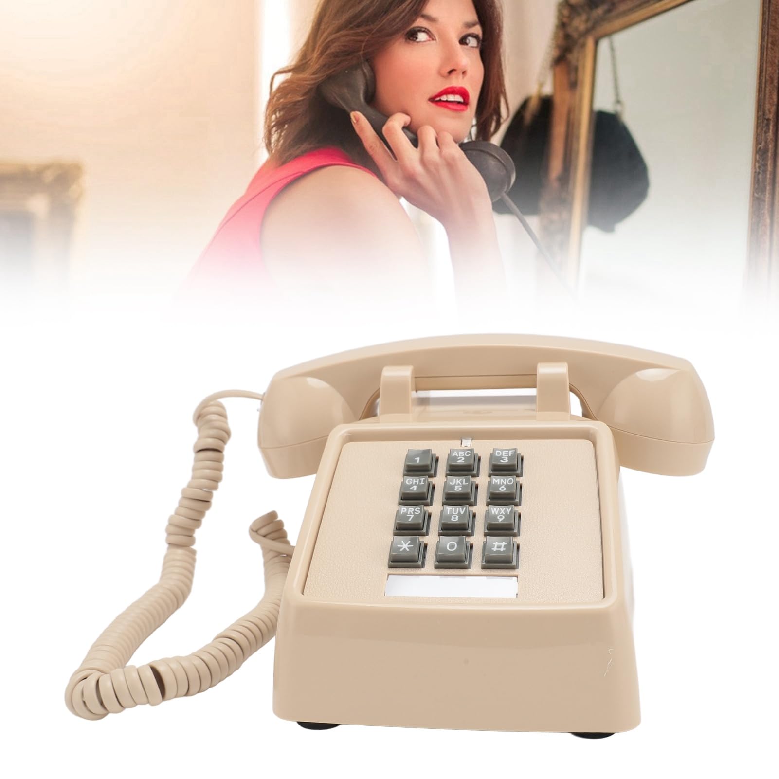 Teléfono con Cable Vintage, Teléfono Fijo Clásico Antiguo con Timbre Mecánico, Volumen Ajustable, Botón Grande, Teléfono de Escritorio Retro para el Hogar, Oficina, Escuela (Beige)