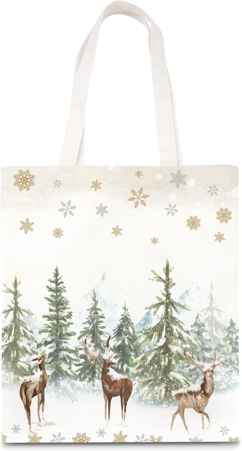 Whaline Christmas Canvas Tote Bags Watercolor Xmas Tree Reindeer Snowflake Grocery Shopping Bag Xmas Winter Reusable Gift Goodie Bag for Gifts Wrapping Storage, 13.4 x 15.8in