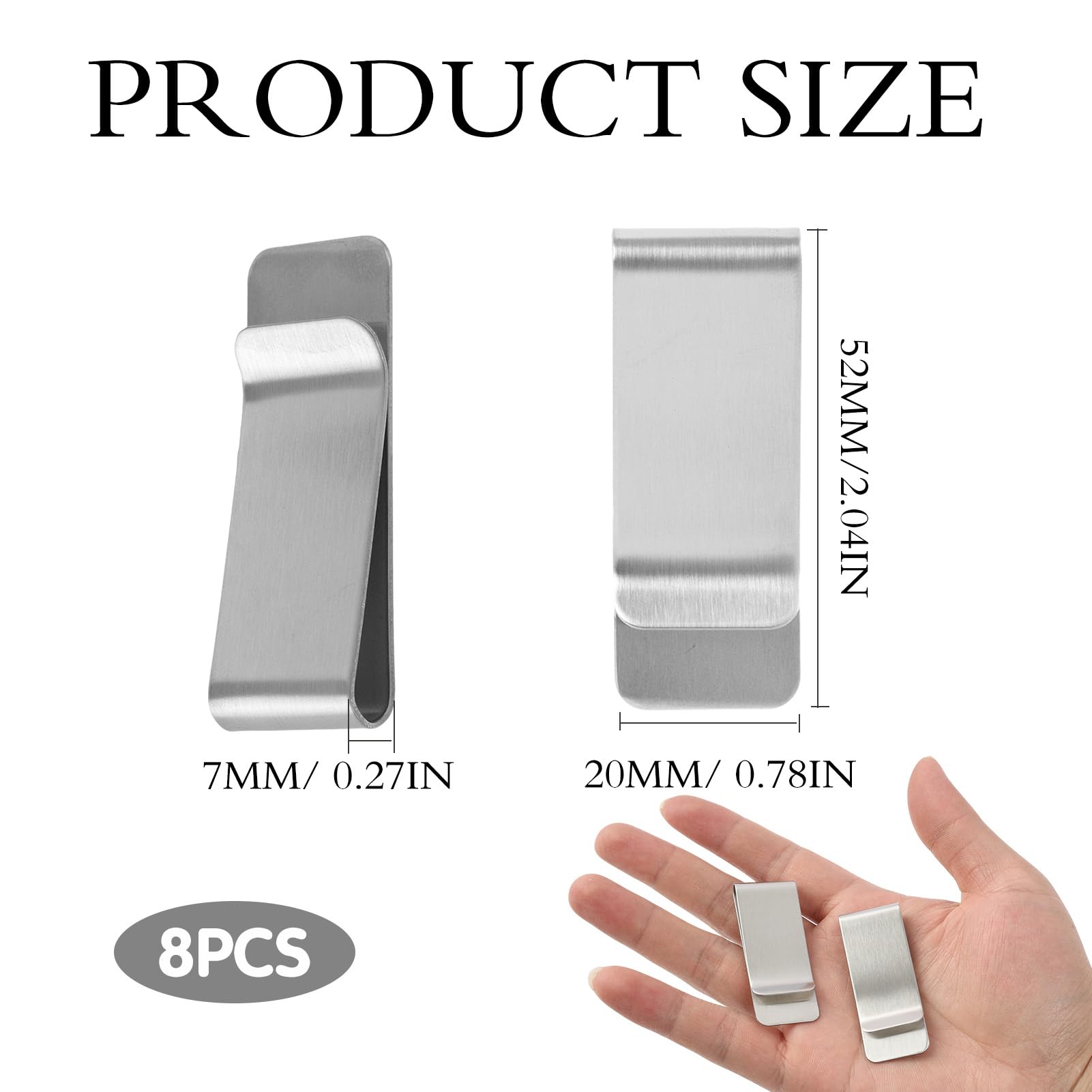 8 PCS Geldklammer, 52 x 20 x 8 mm, Geldscheinklammer Tragbare, Geldklammer Herren aus Edelstahl, Schlanke Money Clip Geldscheinklammer und Geldclip Herren für Geldscheine, Karten und Dokumente