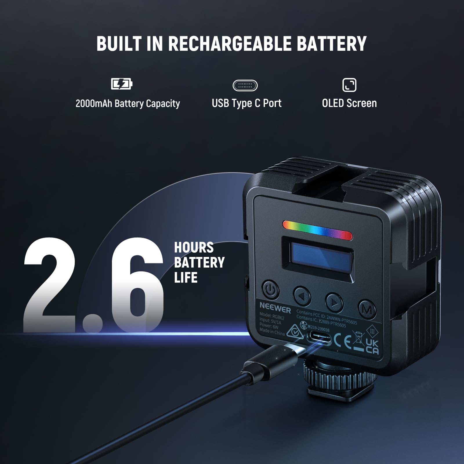 Lampe LED Magnétique RGB Neewer - 61 LEDs, écran LCD, 2500-8500K, CRI97+ - Pour Photo, Vidéo, Streaming, 2000mAh