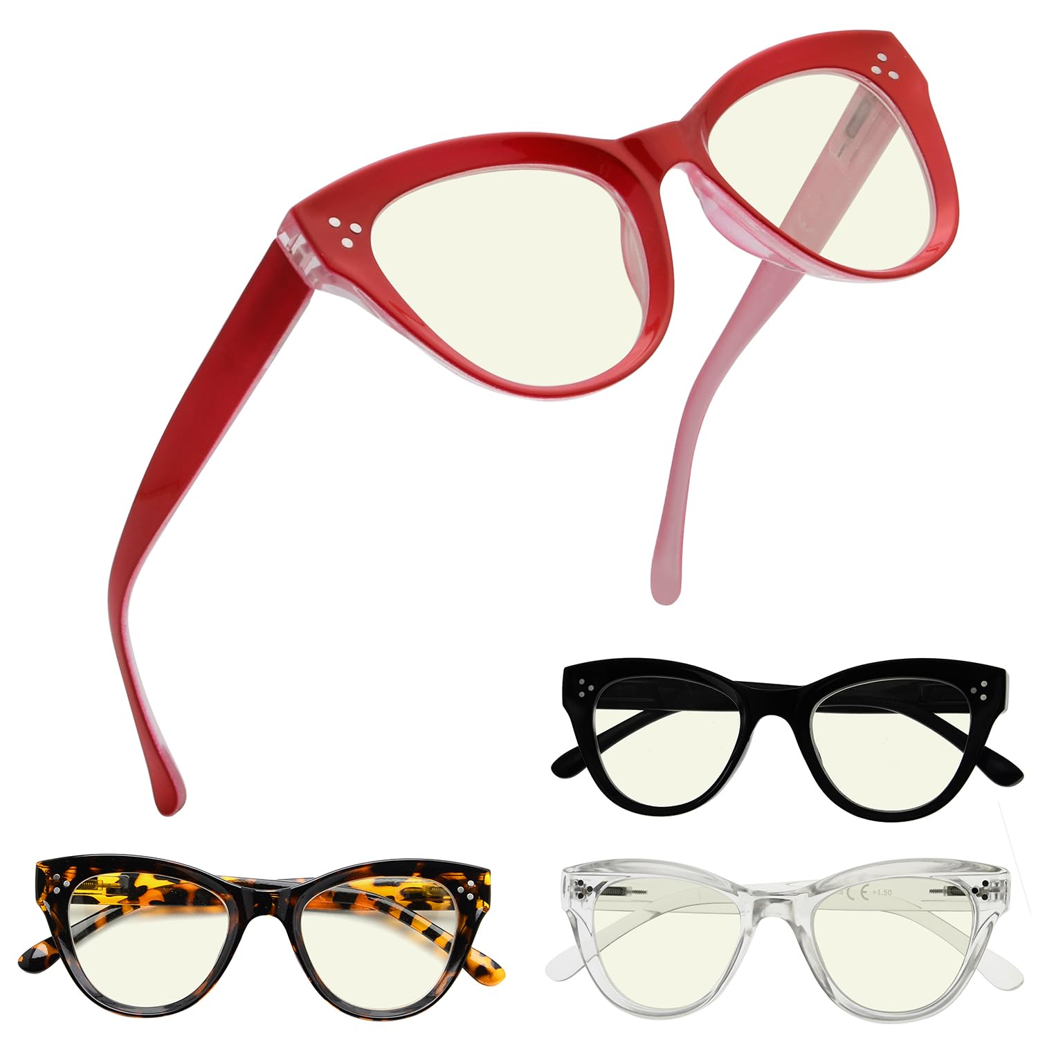 Eyekepper 4 Pack Oversized Blue Light Filter Glasses Women Cat Eye Computer Reading Glasses +0.50