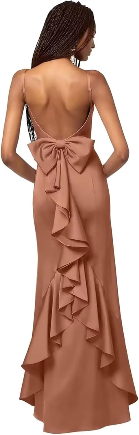 Satin Prom Dresses Spaghetti Straps Formal Party Dress for Women Ruffles Pleated Ball Gowns with Bow