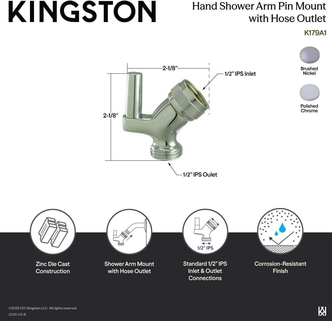 Kingston Brass K179A8 Designer Trimscape Showerscape Handheld Shower Pin Wall Hook with Hose Outlet, Brushed Nickel