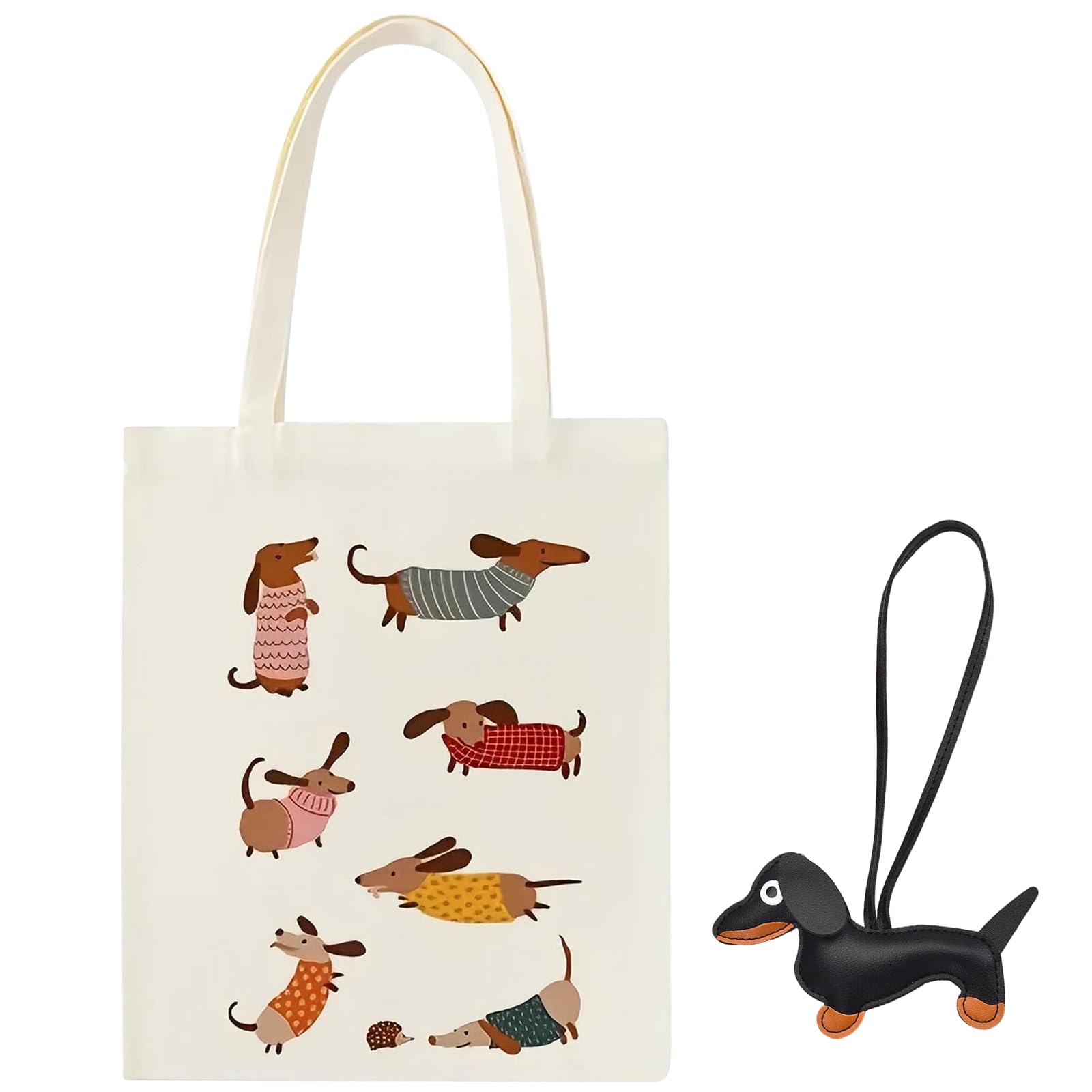 Larfraecy Sausage Dog Gifts for Women - Dachshund Gift Canvas Tote Bag with Pendant, Reusable Shoulder Shopping Bag for Dog Lovers Work Travel