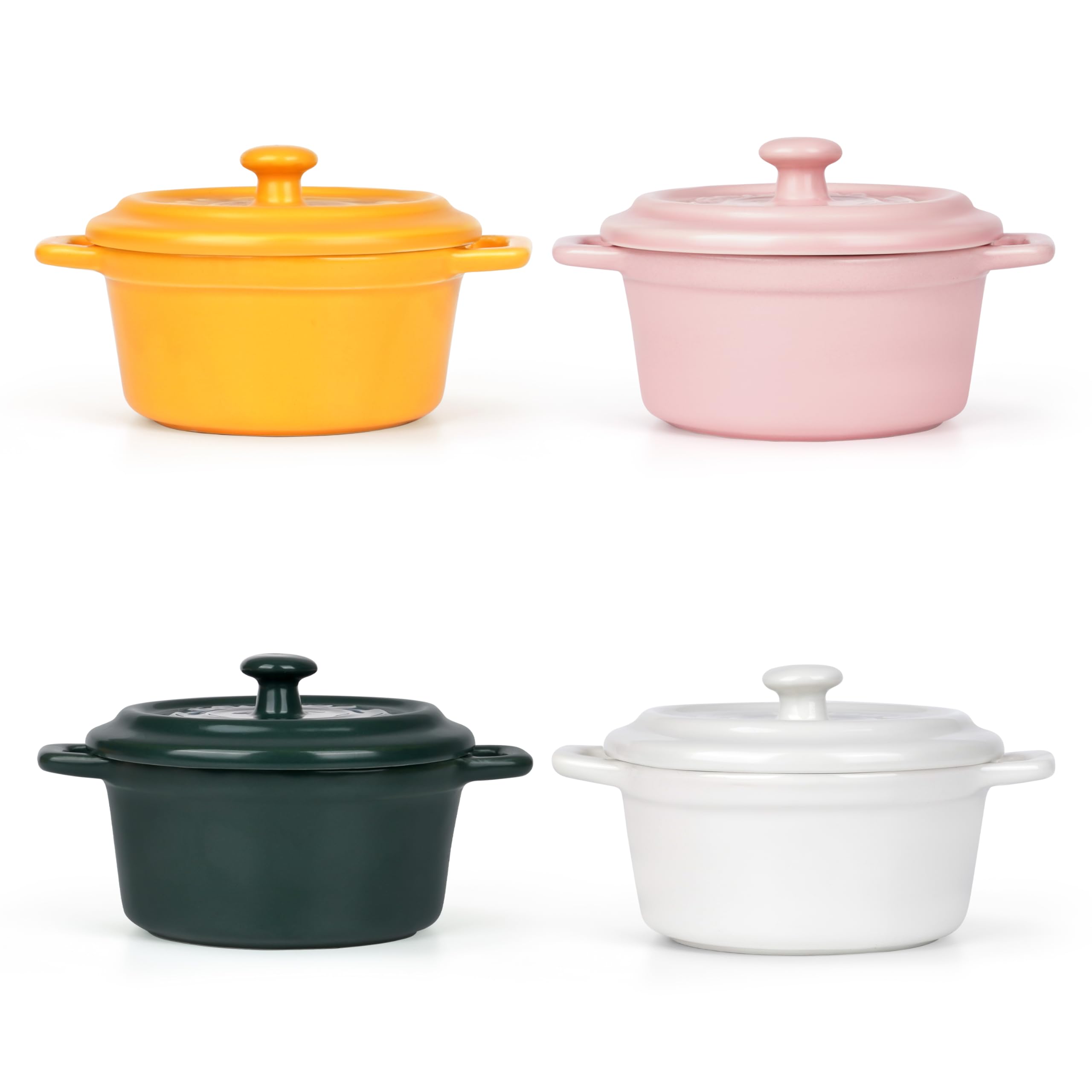Winter Shore Mini Cocotte Individuelle de 270 ml en Porcelaine avec Couvercles & Poignées [Lot de 4] - Ramequin Four Empilable - Adaptés aux Micro-ondes, Congélateur & Lave-vaisselle - 4 Couleurs
