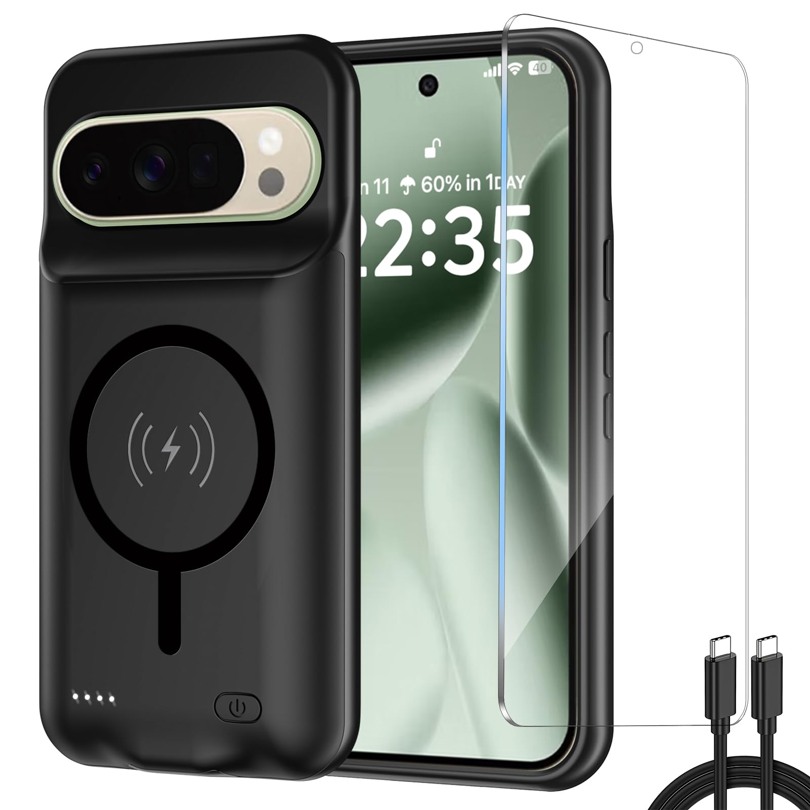 Akku-Hülle für Pixel 9/Pixel 9 Pro, tragbarer wiederaufladbarer Akku, 10.000 mAh, erweitertes Ladegerät mit integriertem kabellosen Laden – Powerbank