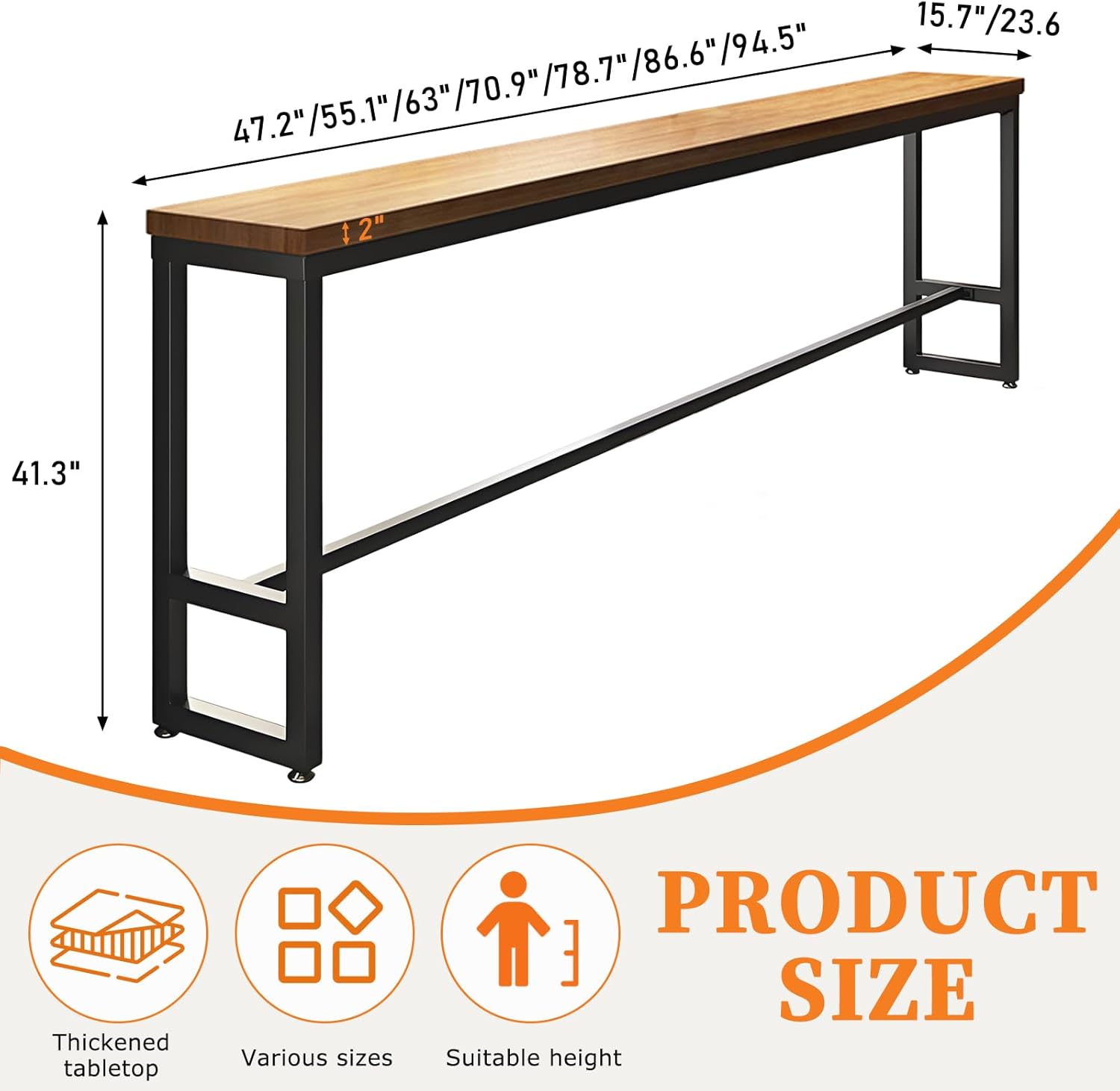 Bar Table, 2" Thick Solid Wood Farmhouse Pub Table, Industrial Counter Height Dining Table for Kitchen and Small Spaces