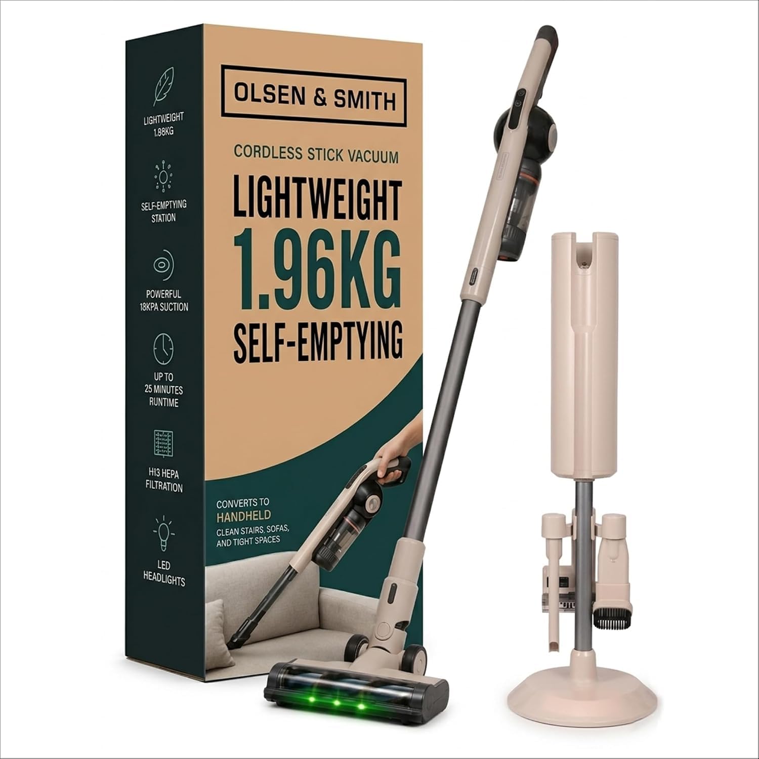 Olsen & Smith Self-Empty Cordless Vacuum Cleaner, 5.3kg Stick & Handheld