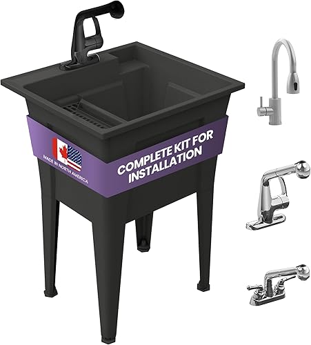 Noah William Home - Fregadero utilitario con grifo de plástico negro de una sola manija, fregadero de lavandería de polipropileno, fregadero de