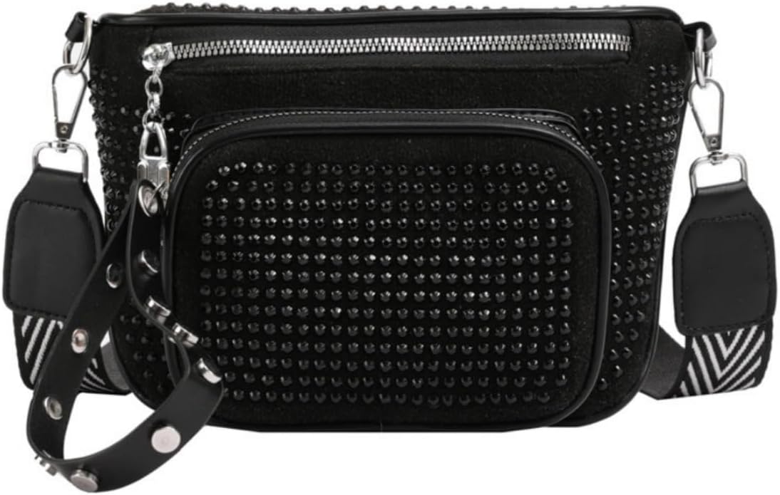 IAMUHI Women Vegan Leather Cross Chest Bag Rivets Fringed Shoulder Handbag Purse Waist Bag