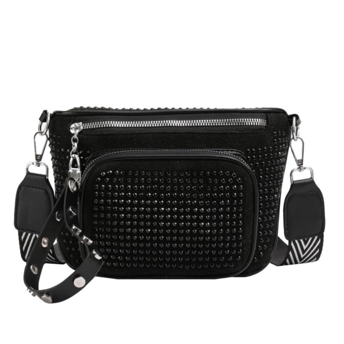 IAMUHI Women Vegan Leather Fanny Pack Rhinestone Cross Chest Bag Rivets Shoulder Handbag Purse Waist Bag with Wristlet,Black