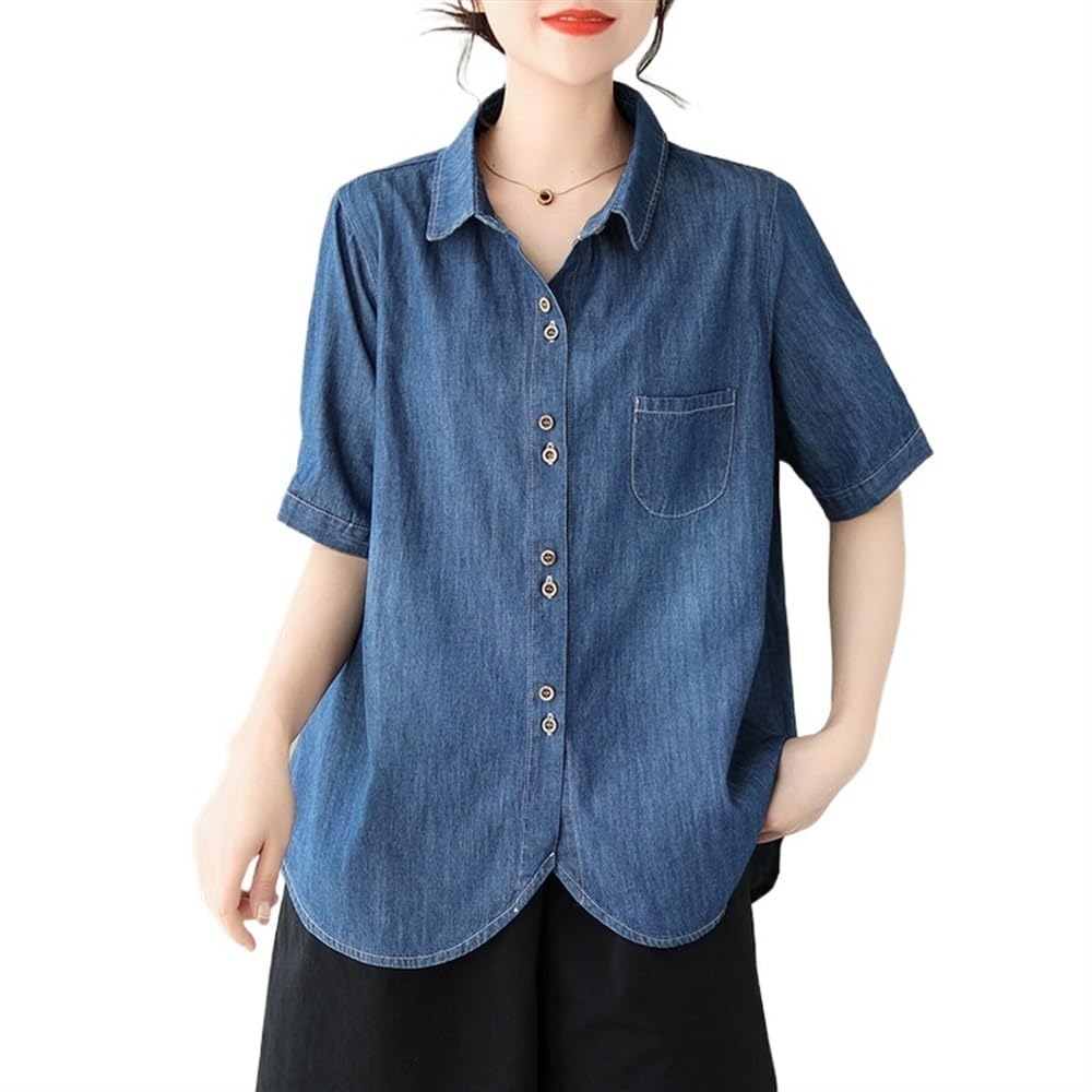 2024 Femmes Poids Léger Manche Courte Denim Chemise Hauts Été Mode Revers Boutonné Occasionnel Ample Fluide Blouse