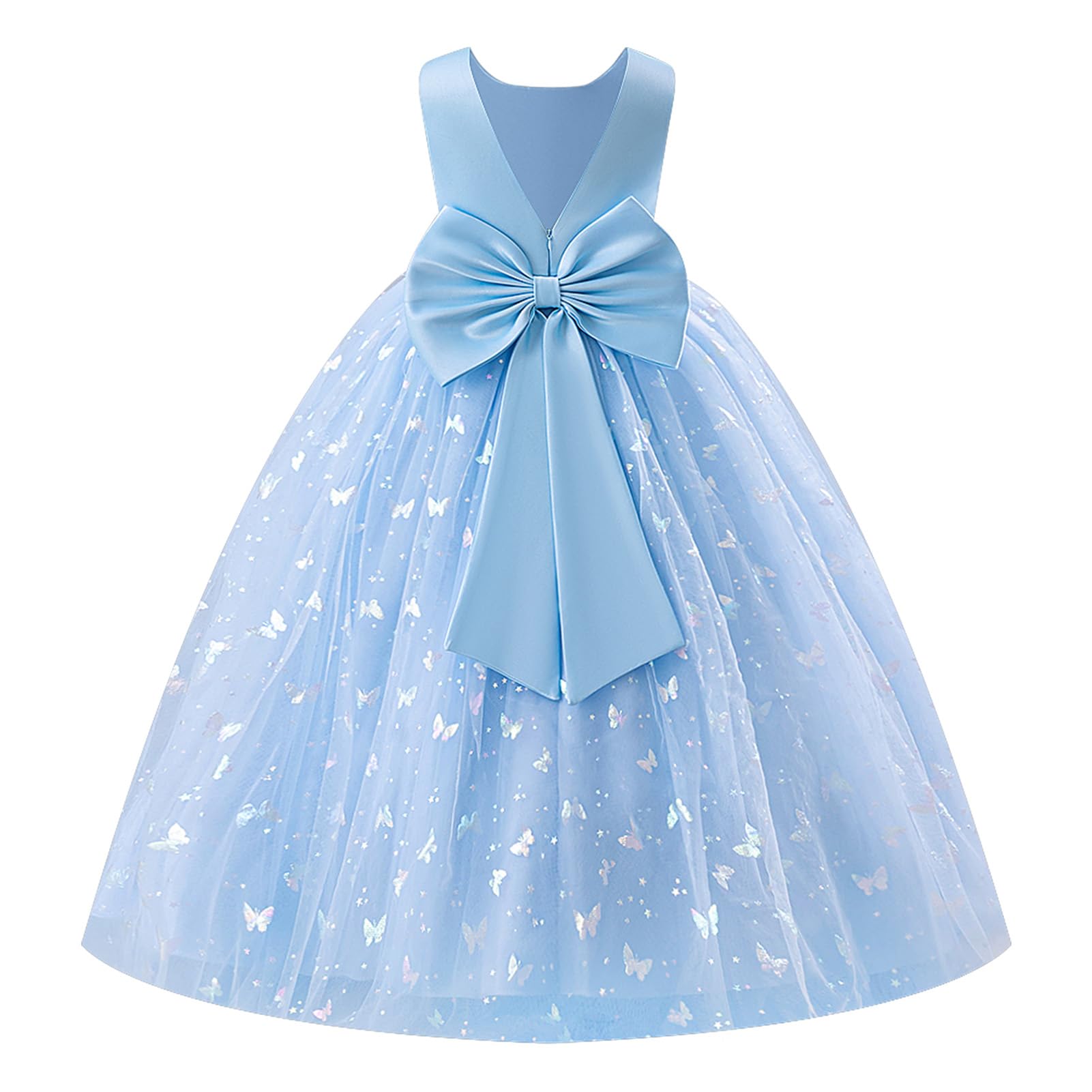 FYMNSI Bridesmaid Dresses for Girls V-Neck Back Bowknot Tulle Maxi Long Dress Kids Formal Evening Ball Gown First Communion Dress