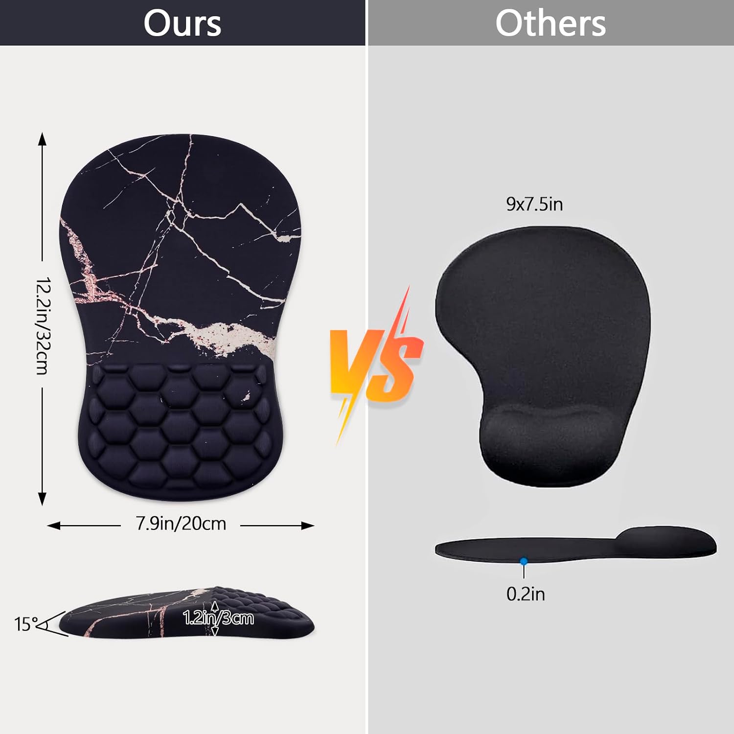 Mouse Pad Wrist Support, Ergonomic Mouse Pad with Wrist Rest, Comfortable Computer Mouse Pad for Laptop, Pain Relief Mousepad with Non-Slip PU Base Black Gold Marble