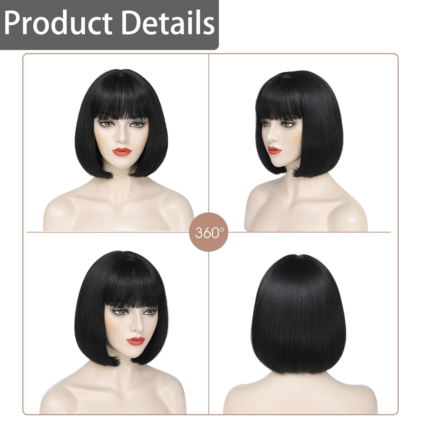 Black Bob Wig, Stylish Short Black Wig With Fringe - Image 3