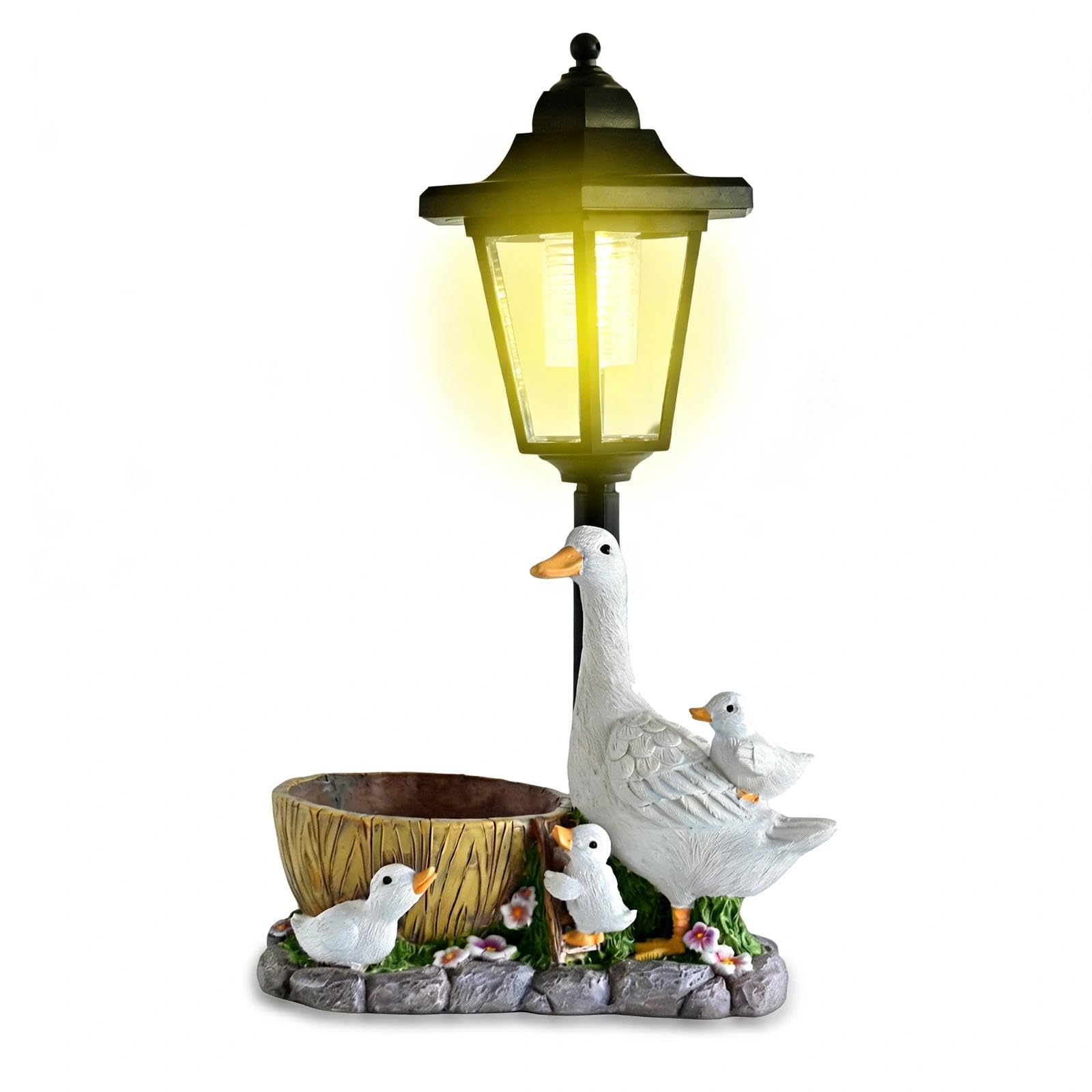 Solar Enten Gartenfigur, Entenfamilie Statue mit Blumentopf, Wetterfest Entenstatue Gartenleuchte,Tierdeko für Außendeko Rasen Balkon Terrasse Hof, Geschenk Muttertag Weihnachten Ostern Kinder
