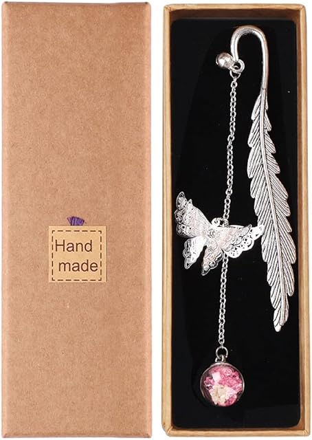 kuou Metal Feather Bookmark, Classical Handmade Bookmarks with 3D Butterfly and Dry Flower Pendant Gift for Women Reader Adults and Students (Pink)