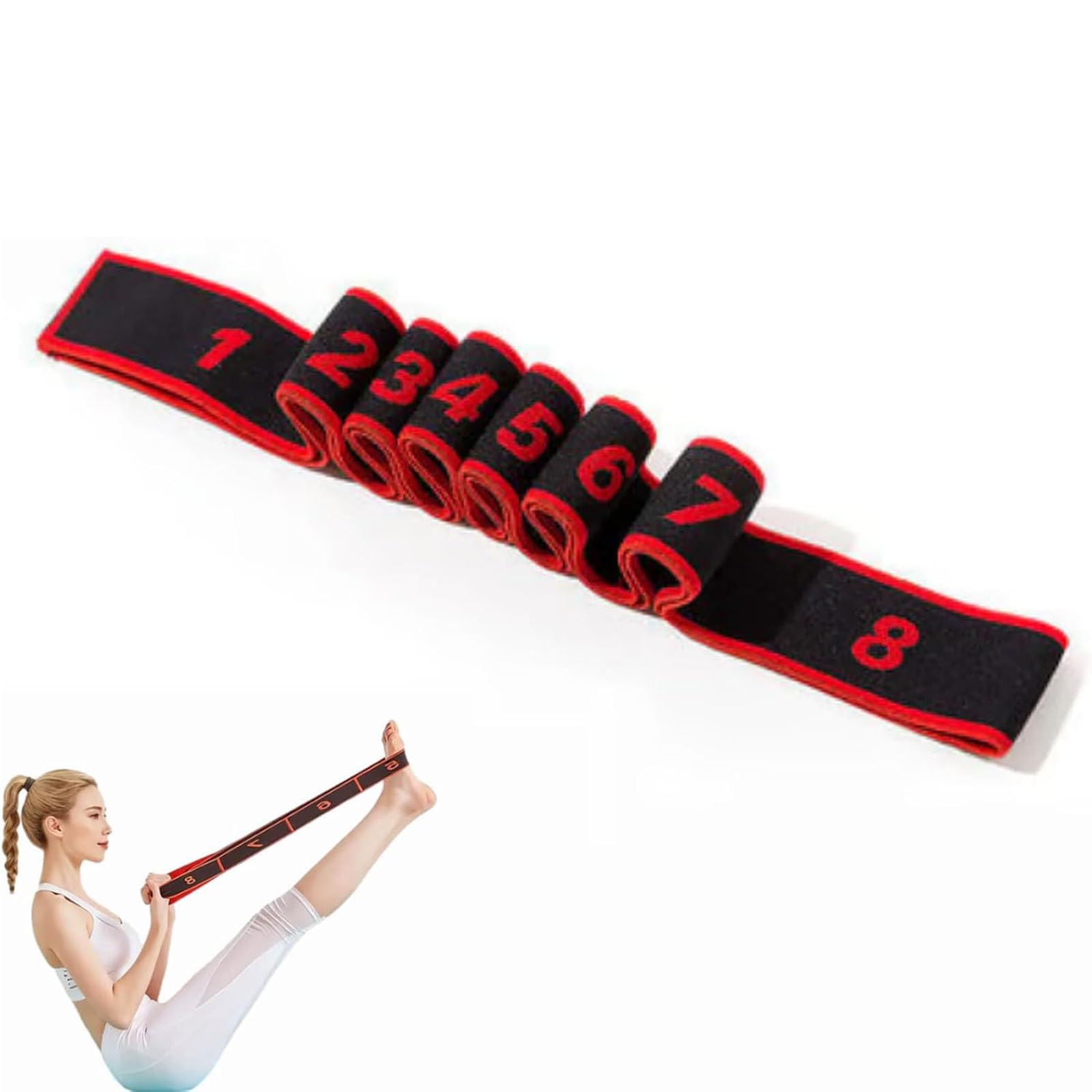 Fitness Resistance Band for Stretching and Yoga - 8 Section Elastic Stretch Strap with Numbered Resistance Bands and Handles for Full Body Exercise & Flexibility Training (Red)