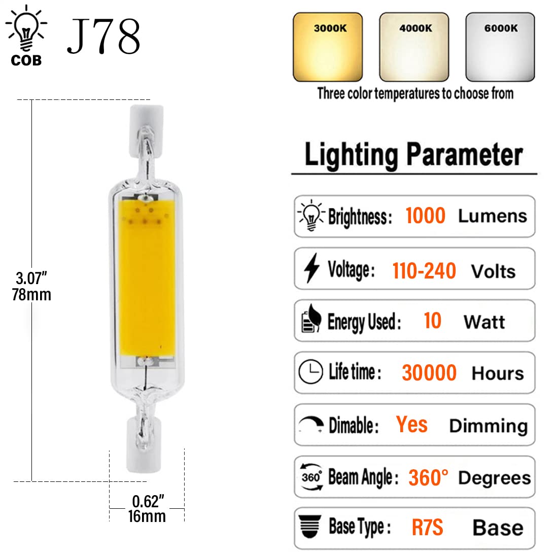 Żarówka Led R7S 78 Mm 100 W Odpowiednik, 10 W Dwustronna Podstawa J78 Reflektory R7S, 1000 Lm Ściemnialna 360 ° Kąt Wiązki Ressed Cob Żarówki，Natural White 4000k