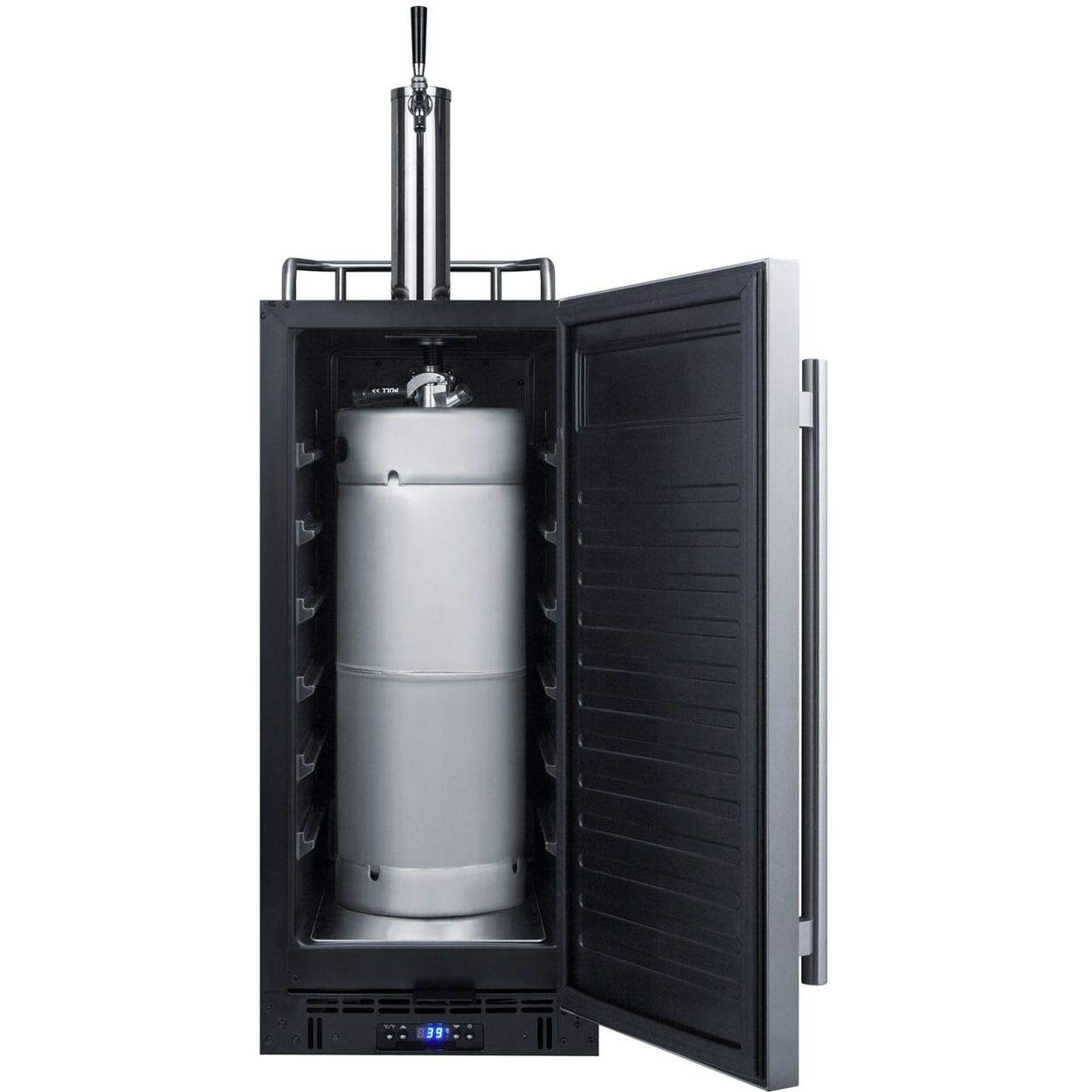 Summit Appliance SBC15BEER 15" Wide Built-In Kegerator; 2.9 cu.ft. Capacity; Auto Defrost; Digital Thermostat; Stainless Steel Door; Black Cabinet; Pro Style Handle; Sealed Back and Front Lock on Fridge.com