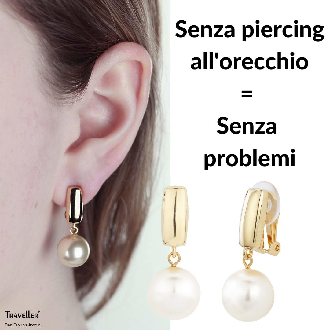 Traveller Orecchini pendenti a clip, da donna, con perla da 12 mm