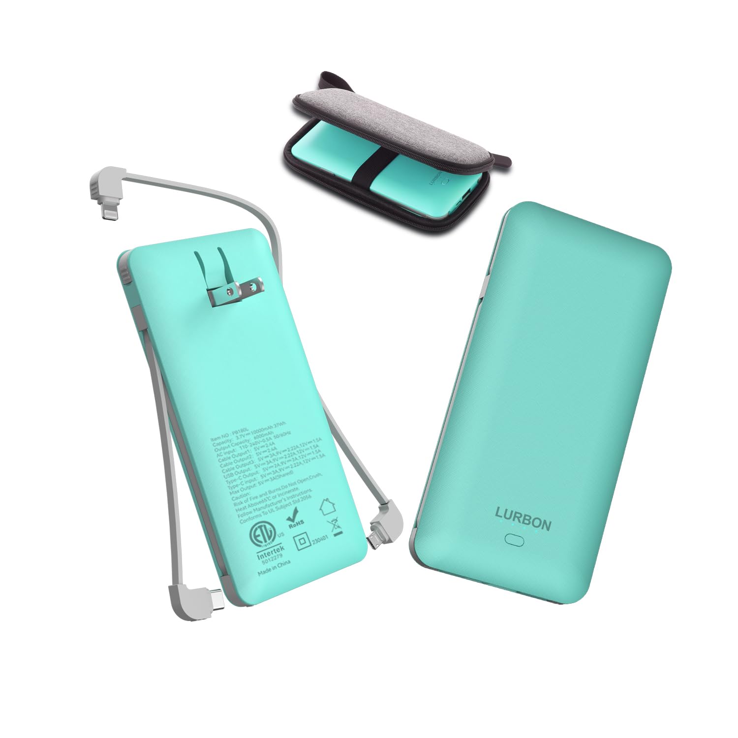 10000mAh Portable Charger,USB C Power Bank with Built-in Cables and AC Wall Plug,Travel Essentials External Battery Pack Compatible with iPhone,Samsung,Tablet Smart Device (Blue) …