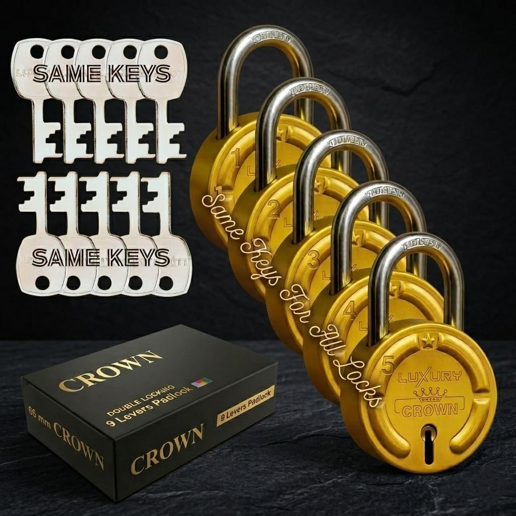 Luxury Crown 66mm 5 Padlock with 10 Same Keys, 9 Steel Levers Double Locking, Strong Hardened Corrosion Resistant Shackle Lock and Keys for Home Door Shutter Shop Office Main Gate Gold Finish-image-11