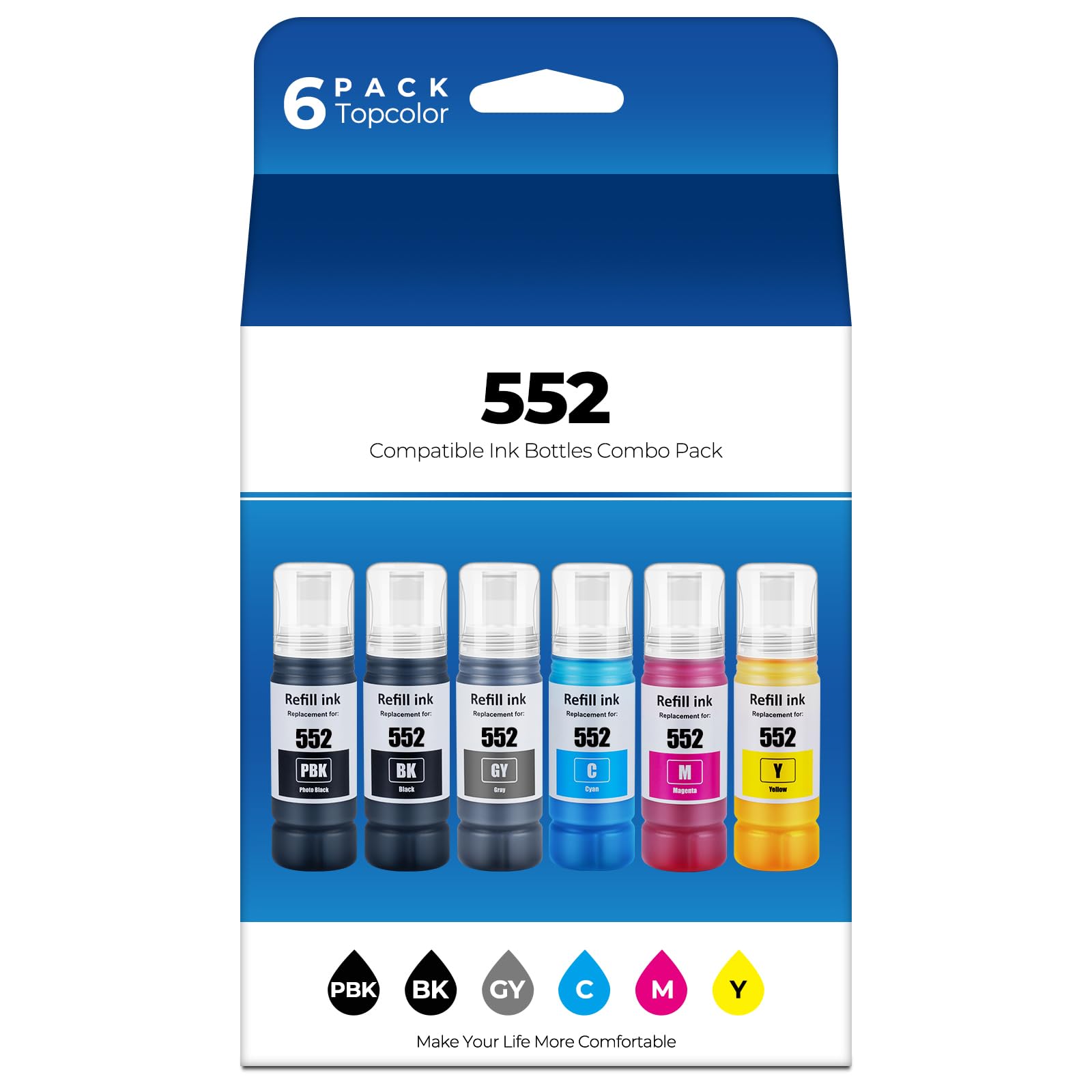552 Ink Bottles Ecotank 6 Pack ET-8550 ET-8500 Replacement for Epson 552 Ink Refill Bottle Work for Ecotank Photo ET 8550 ET8550 Ecotank Photo ET 8500 ET8500 Printer (BK PB C M Y GY)