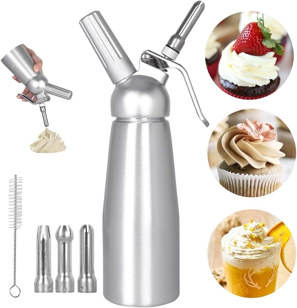 โ Whipped Cream Dispenser, Aluminium Cream Whipper with 3 Decorating Nozzles 500ML Cream Charger Dispenser for Cake Cheese Dessert