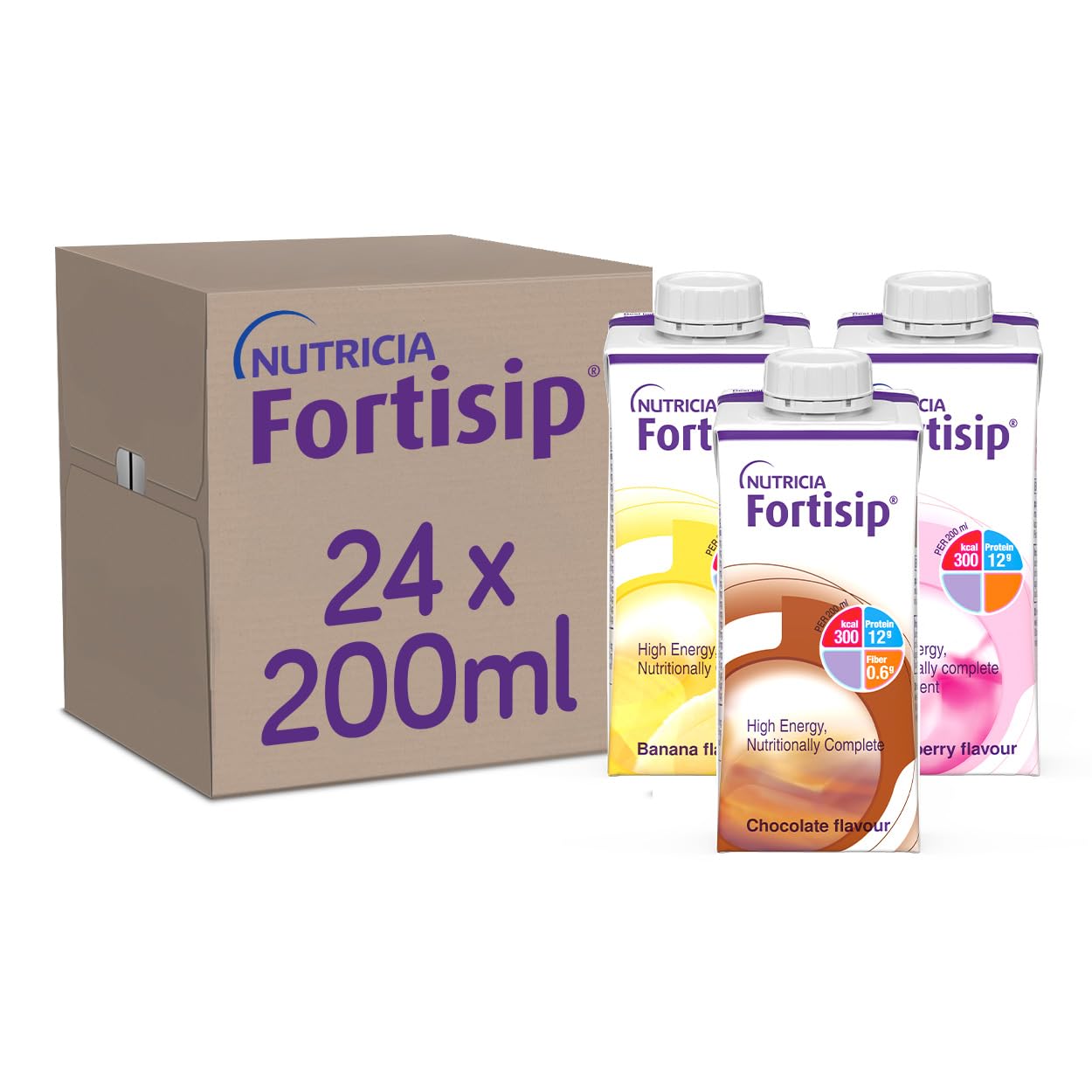 Fortisip Bottle Mixed Flavour Case 200ml, Pack of 24 (Strawberry, Vanilla, Chocolate, Banana and Unflavored)