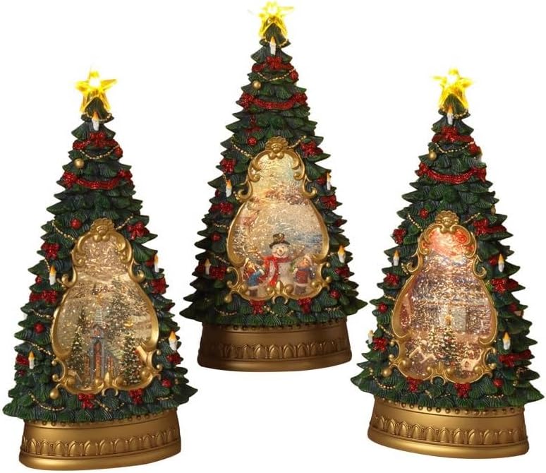 Gerson 13.5" H B/O Lighted Spinning Water Globe Christmas Tree Set of 3