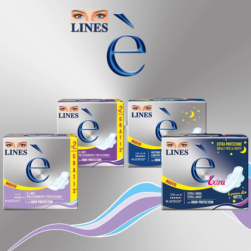 LINES È GIORNO con ali, Pacco scorta da 66 assorbenti per ciclo mestruale, l'unico con struttura in Lactifless, il più assorbente e flessibile della gamma Lines, con Odor Protection
