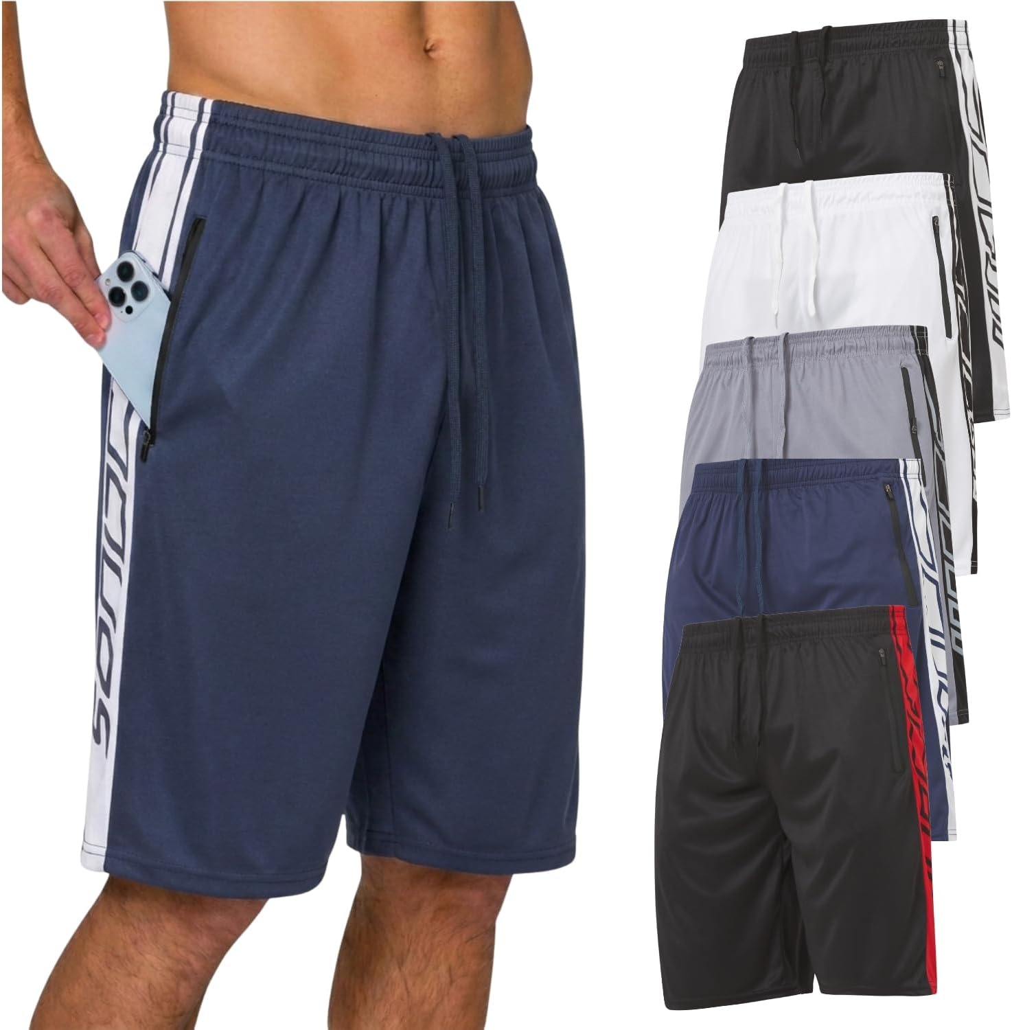 Mens 5 Pack Athletic Running Shorts, Loose fit Basketball Gym Workout Shorts for Men with Zippered Pockets