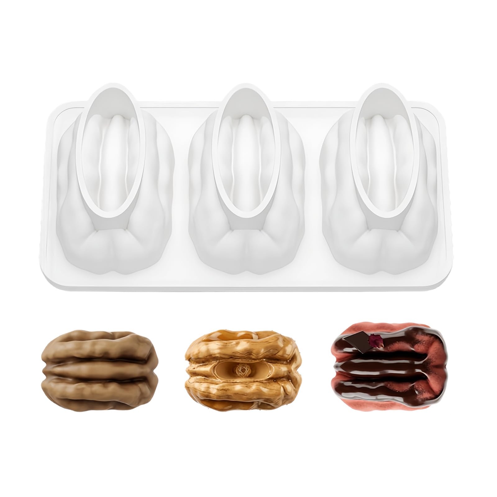 hogtnd Cake Baking Moulds, Walnut Mould, Chocolate Making Moulds, 3 Cavity Design, Suitable for Cupcakes, Easy Release of Desserts for Cakes