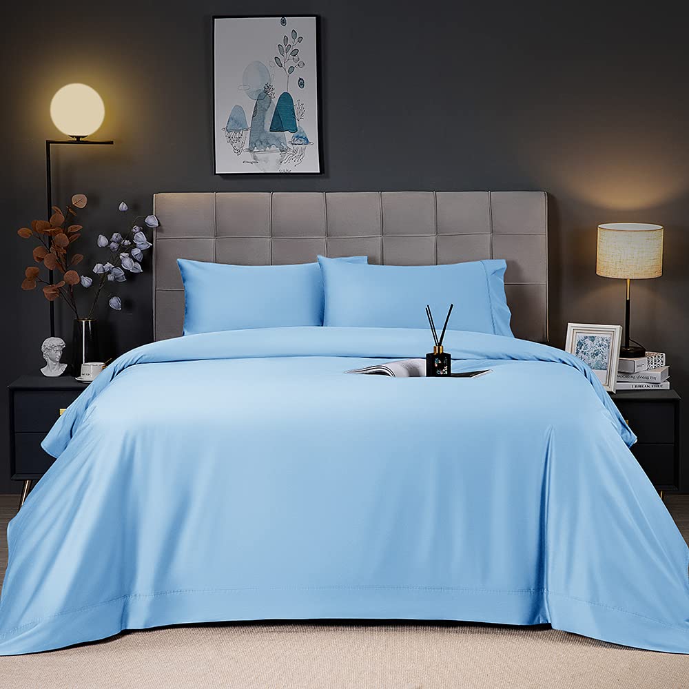 Shilucheng Cooling Breathable Bamboo_ Bed Sheets Set - King Size,1800 Thread Count Super Silky Soft with 16 Inch Deep Pocket, Machine Washable, 4 Piece (King,Lake Blue)
