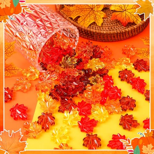 BOARDFEB 60Pcs Thanksgiving Ornaments, Maple Leaves Vase Filler Acrylic Crystals Gems Table Scatters for Fall Autumn Halloween Decoration Party Favors Craft Supplies