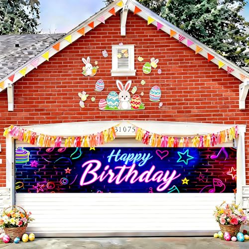 Image of Neon Happy Birthday Outdoor Banner 78.7 x 17.7 Inch Colorful Glow Letters with Music Notes Stars and Hearts Pattern Party Decoration for Yard Garden Fence Porch Patio or Outdoor Celebration Display