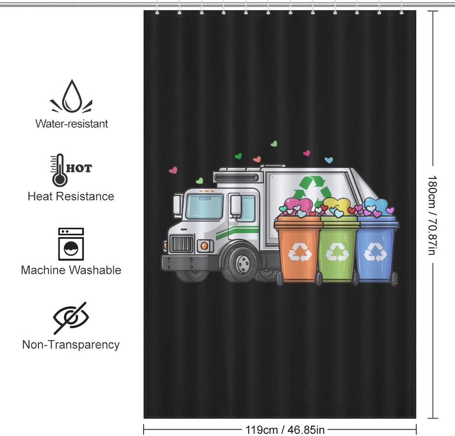 Garbage Truck Trash Can with Load of Love Shower Curtain 46.85x70.87Inch（119x180cm） Polyester Bath Curtain Shower Curtains Printed Decorative