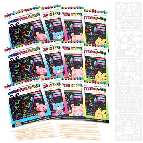 YiliYa 12 Piezas Scratch Art Paper Notebook, Kit de Manualidades de Papel de Arte de Rascar para Niños Adultos Rainbow Scratch Art Set con 5 Regla de Dibujo y 12 Plumas de Madera